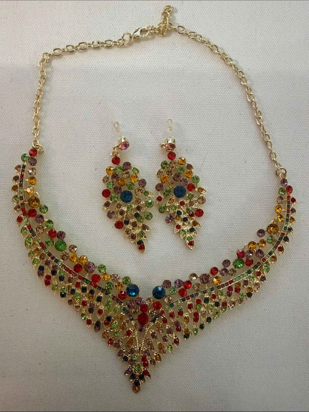 Gold Multicolor Crystal Bib Necklace and Drop Earring Set